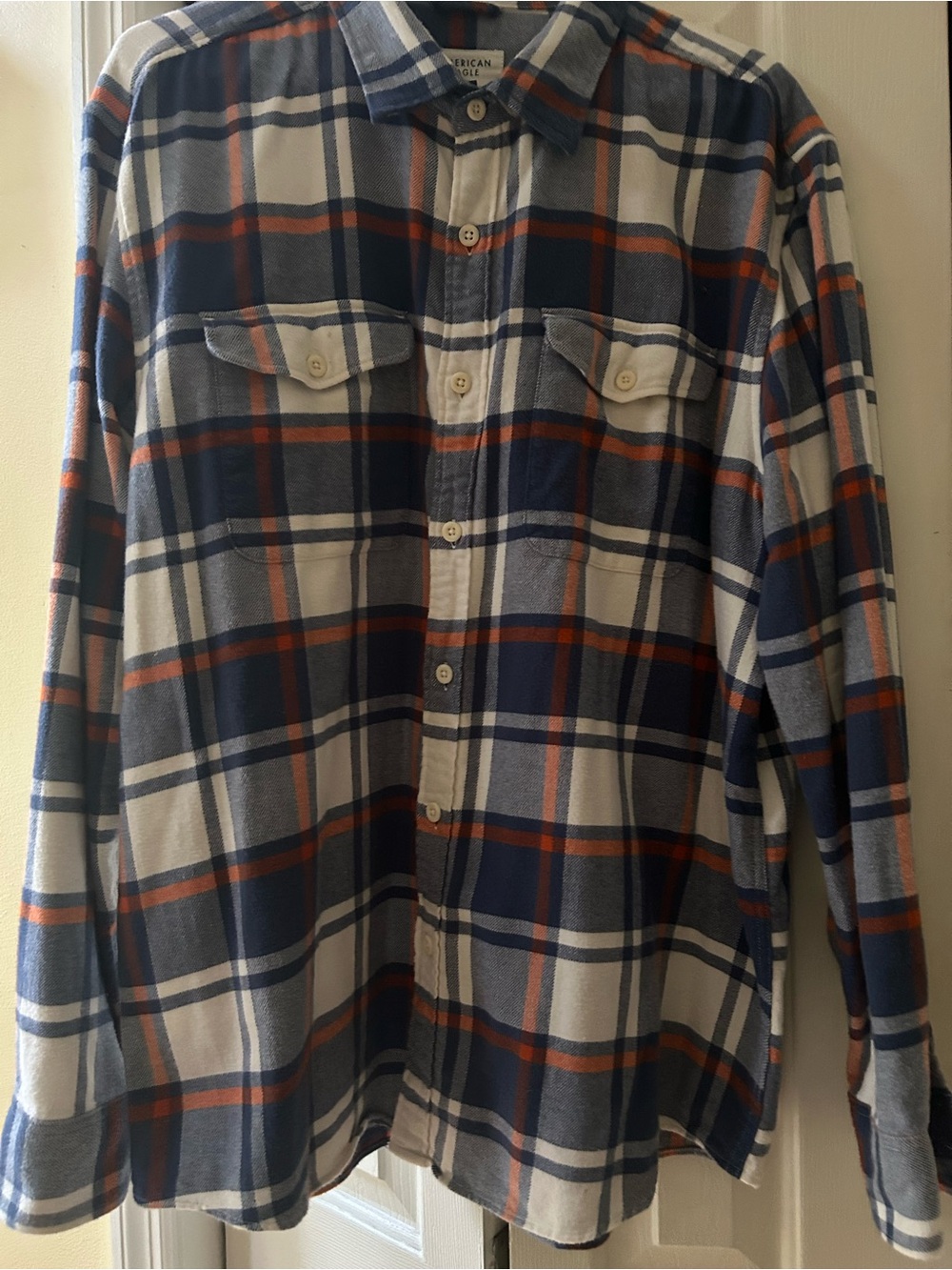 American Eagle Outfitters Navy, White & Orange Plaid Flannel Button-Down